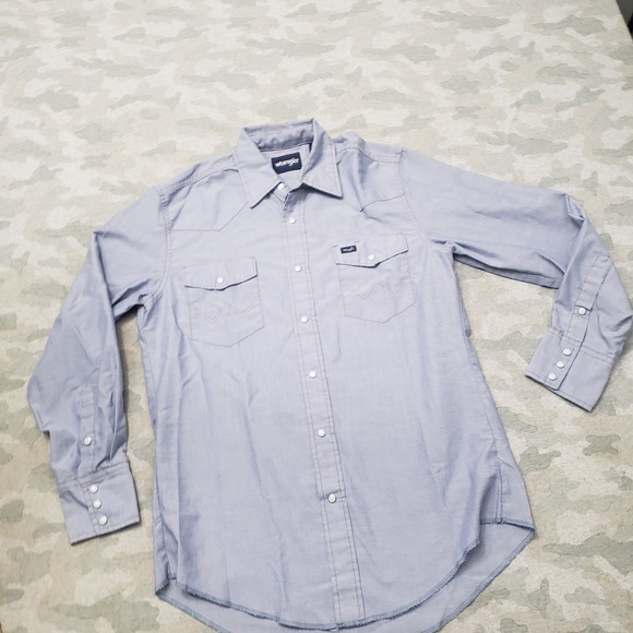 Wrangler Shirt Mens 15.5x34 Blue Pockets Pearl Snap Long Sleeve Western Cowboy - Picture 2 of 9